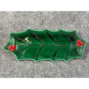 Vintage Lefton Holly Leaf Ceramic Serving Dish Green Red Berries 1348 Christmas